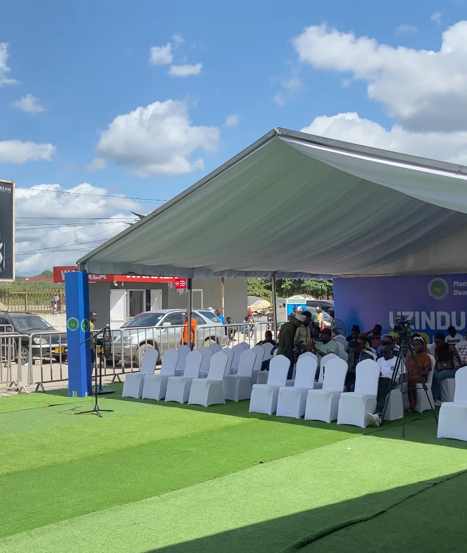 Guest seating and media coverage at the DCEA film launch tent, Magufuli Bus Stand