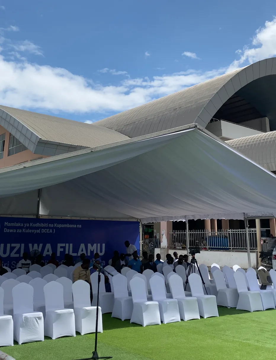 Wide view of the fabricated tent and stage at Magufuli Bus Stand, Dar es Salaam