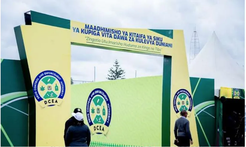 Branded entrance arch welcoming guests to the World Drug Day Commemoration grounds