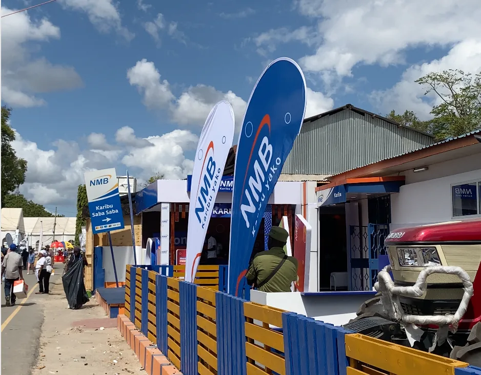 Completed NMB pavilion exterior with branded fencing at Saba Saba