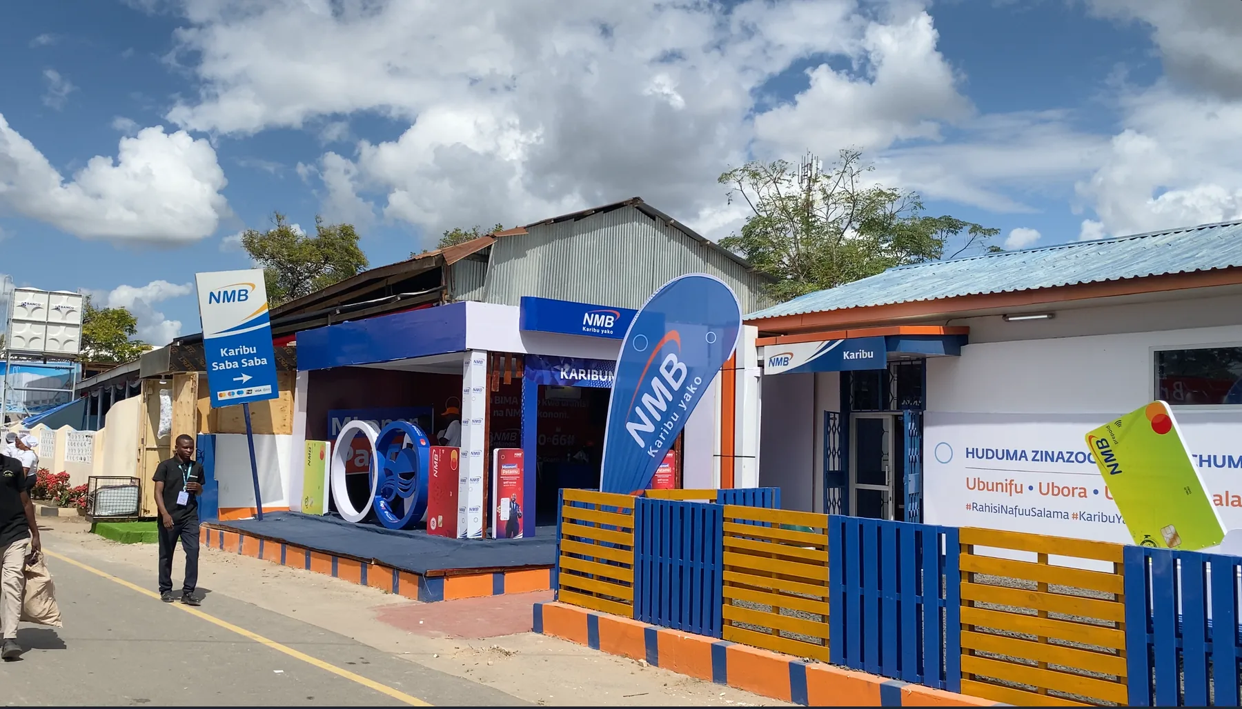 Wide view of NMB Bank's custom-fabricated exhibition pavilion at the Saba Saba trade fair, Dar es Salaam