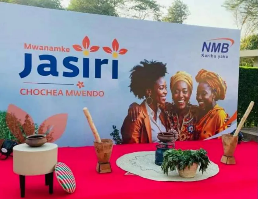 Mwanamke Jasiri branded backdrop and styled table display for the NMB IWD campaign
