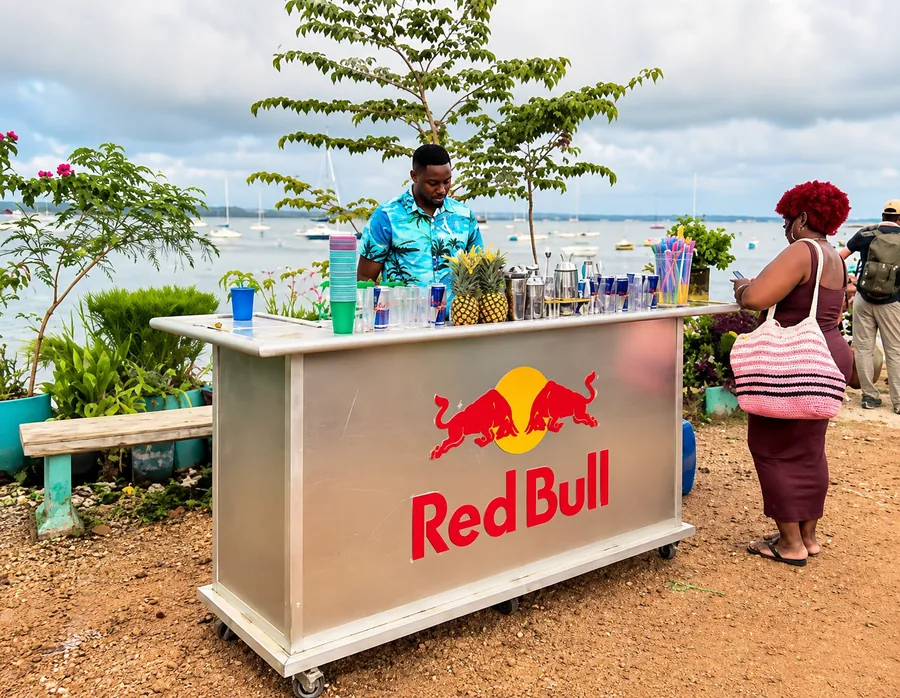 Red Bull branded bar serving guests at a waterfront outlet activation
