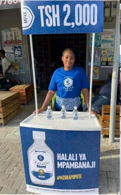 Branded Safaya street kiosk and point-of-sale display during the route-to-market activation