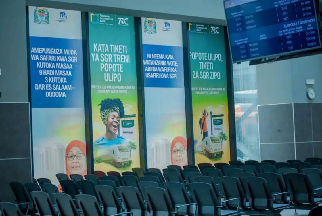 TCB Bank branded panels in the SGR station waiting lounge