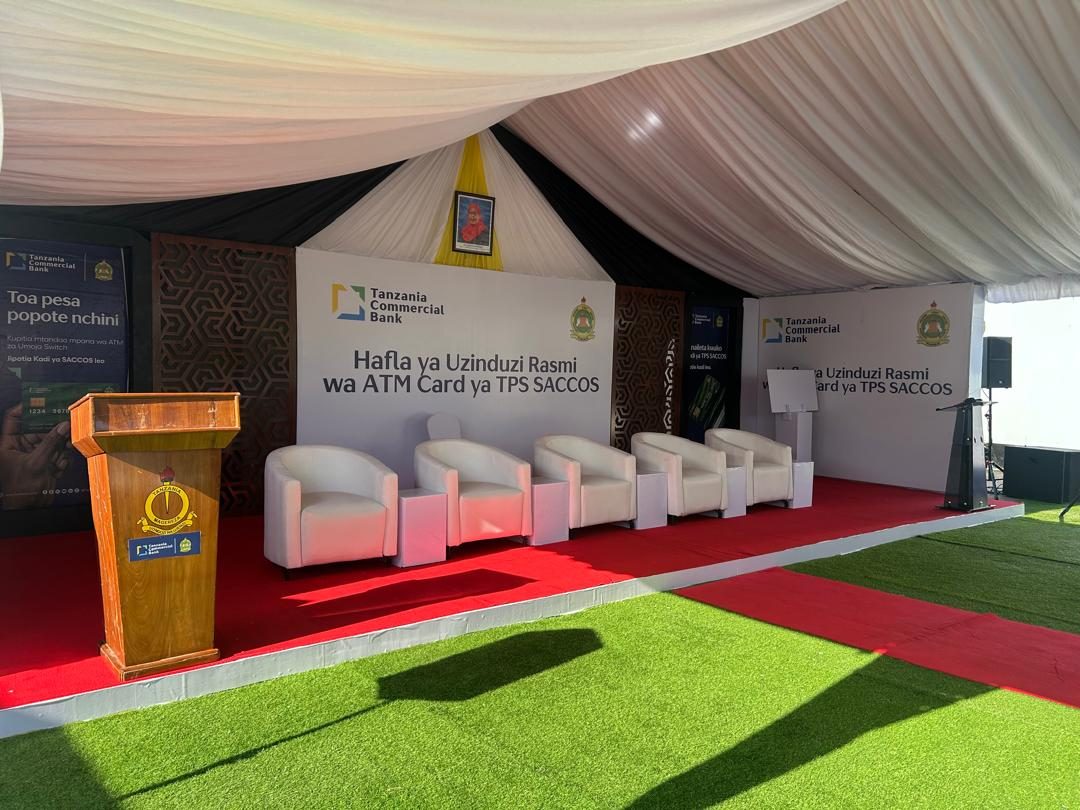 Branded stage and backdrop for the TCB and TPS SACCOS ATM card launch ceremony