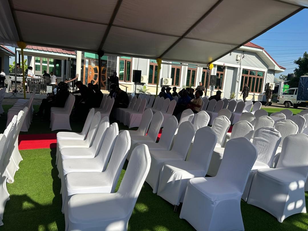 Wide view of the fully installed tent and guest seating at the TPS SACCOS grounds