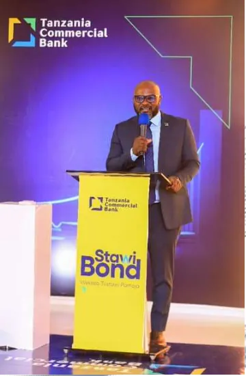 TCB Stawi Bond Launch, Speaker at podium, Serena Hotel