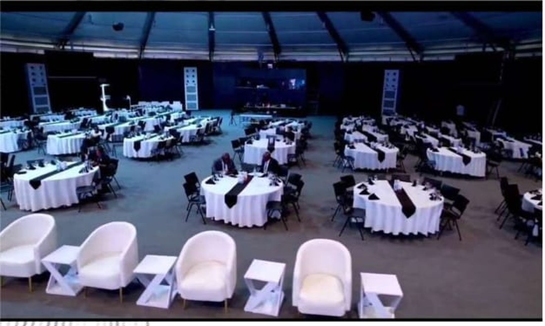 TIRA Annual Report Dinner, Dome interior set up with dinner tables at Super Dome, Masaki